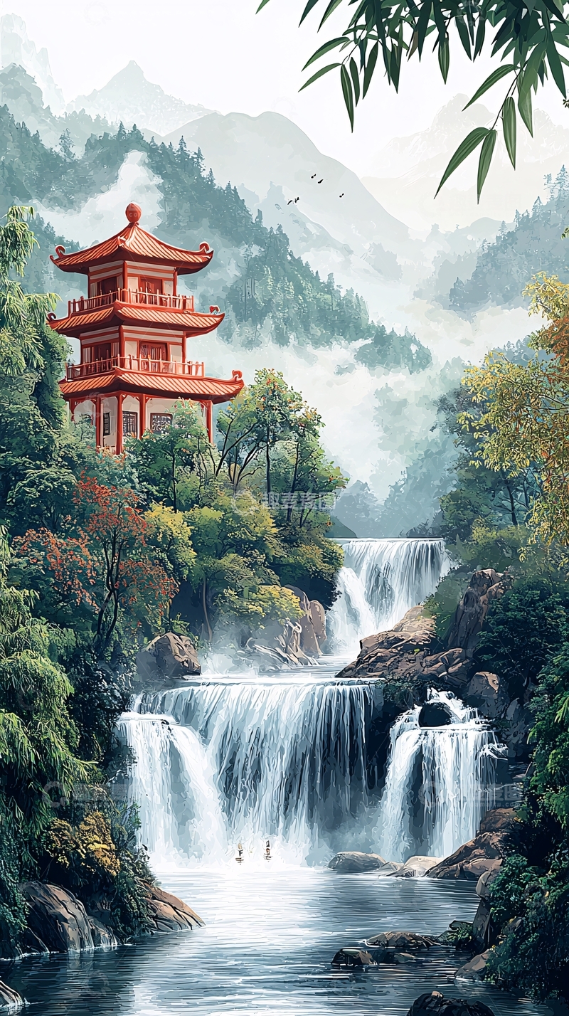 高清大图下载【趣麦麦图】红枫亭瀑布山水画