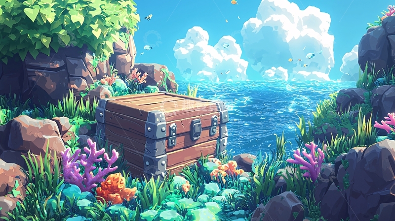 高清大图下载【趣麦麦图】卡通宝箱海边风景