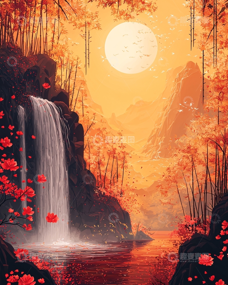 高清大图下载【趣麦麦图】秋日瀑布