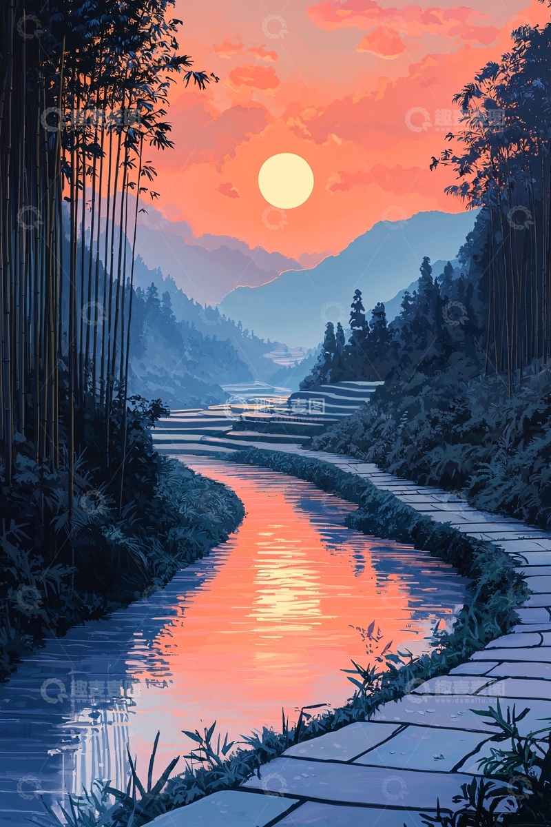 高清大图下载【趣麦麦图】日落余晖下的山水田园