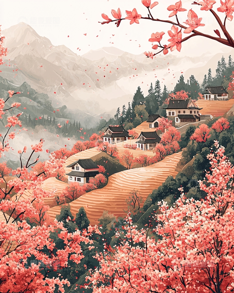 高清大图下载【趣麦麦图】山间桃花盛开的村庄
