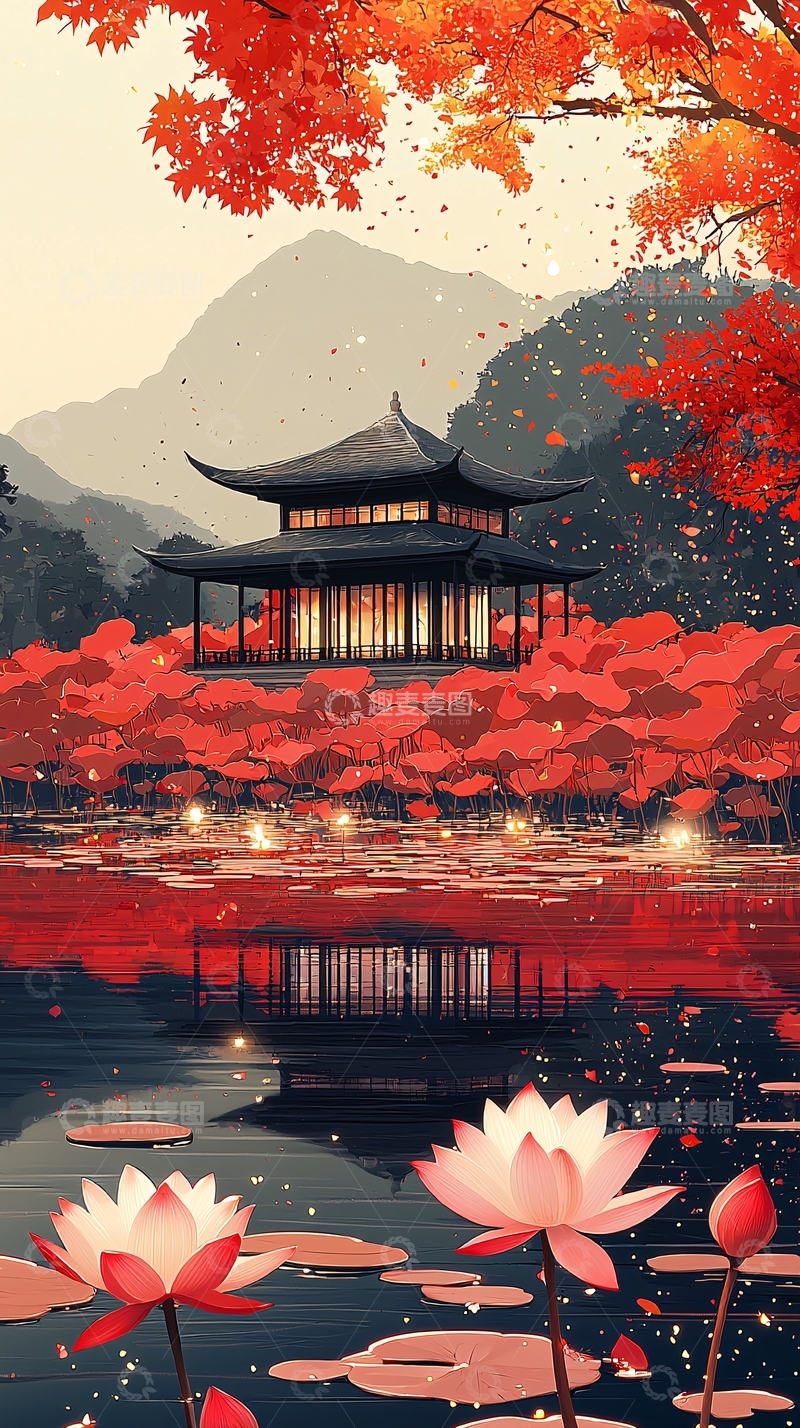 高清大图下载【趣麦麦图】秋日红叶掩映下的古建筑