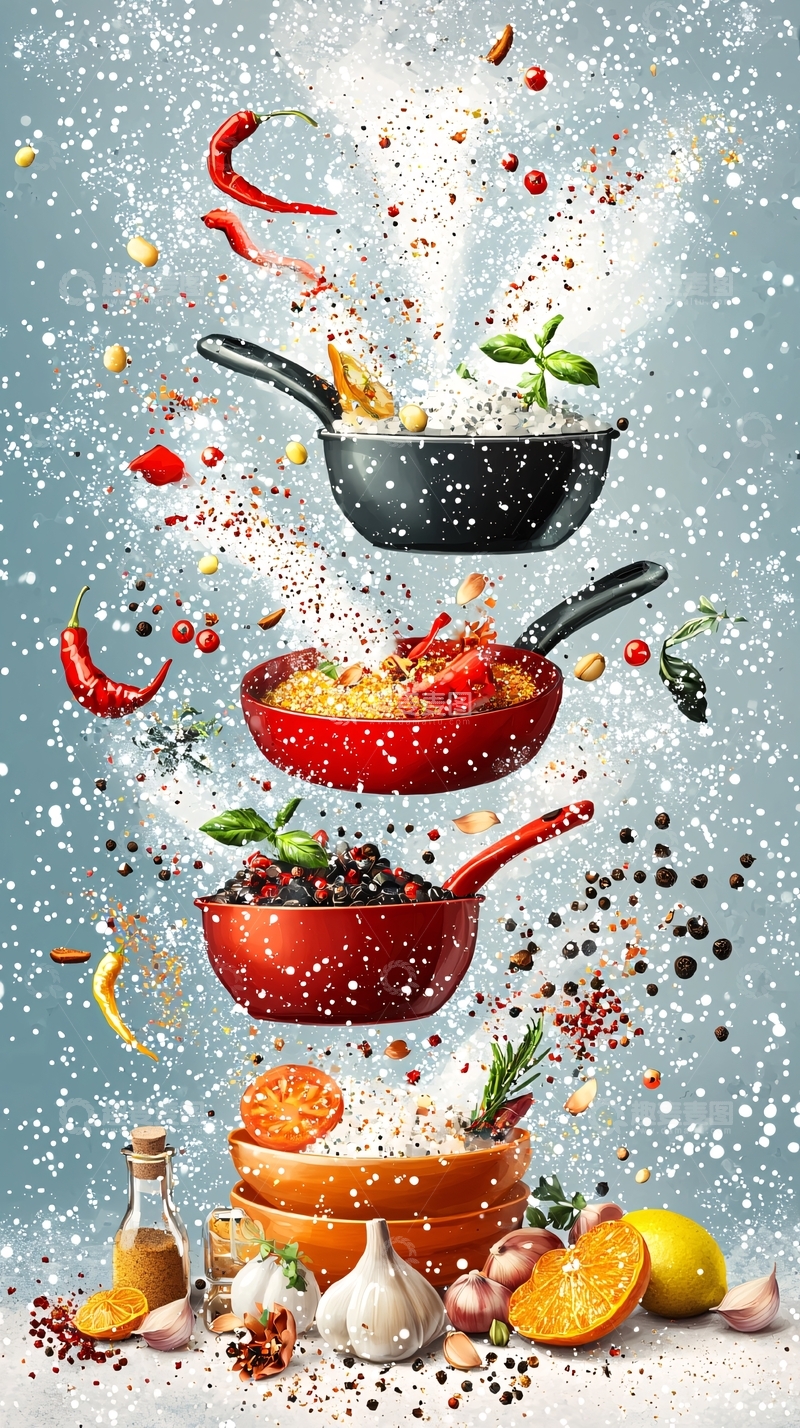 高清大图下载【趣麦麦图】飞溅的食材与锅具
