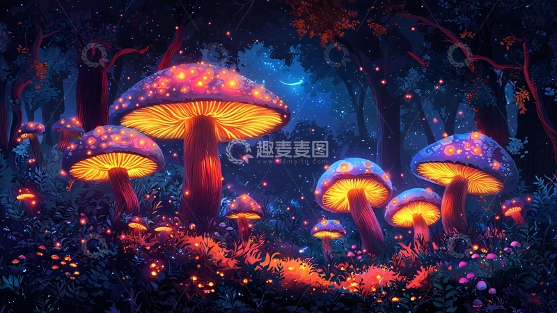 高清大图下载【趣麦麦图】夜光蘑菇森林