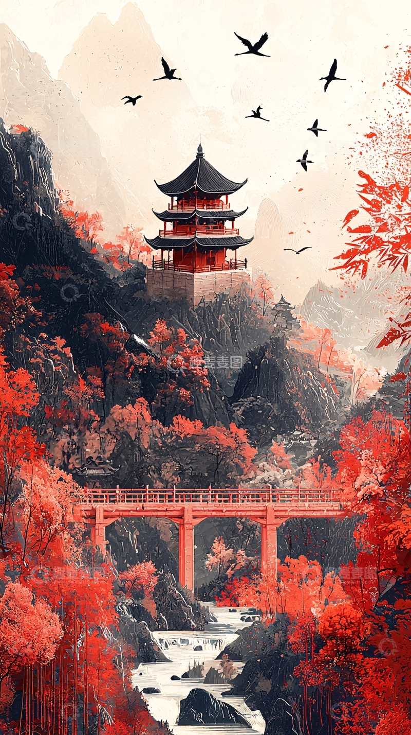高清大图下载【趣麦麦图】红枫山间古塔飞鹤