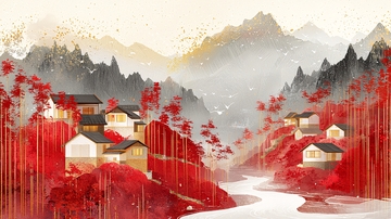 水墨风山水田园秋色