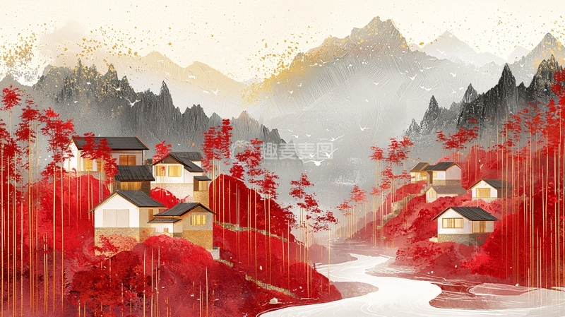 高清大图下载【趣麦麦图】水墨风山水田园秋色