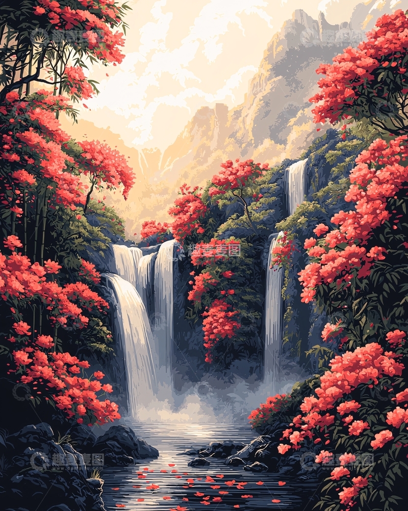 高清大图下载【趣麦麦图】山间瀑布红花景色
