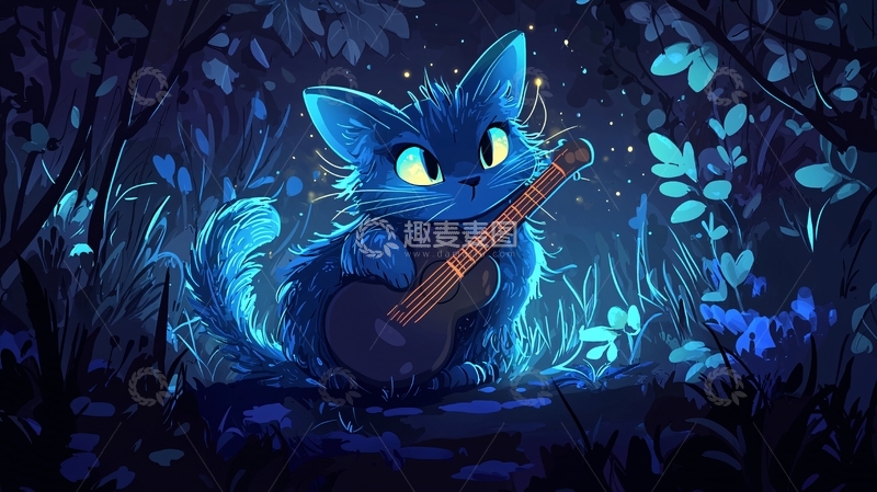 高清大图下载【趣麦麦图】蓝光猫咪弹吉他
