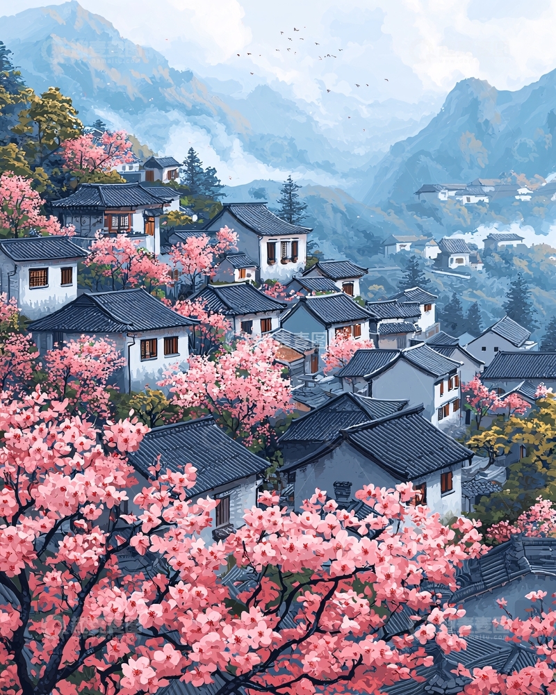 高清大图下载【趣麦麦图】山间粉红樱花盛开的村庄