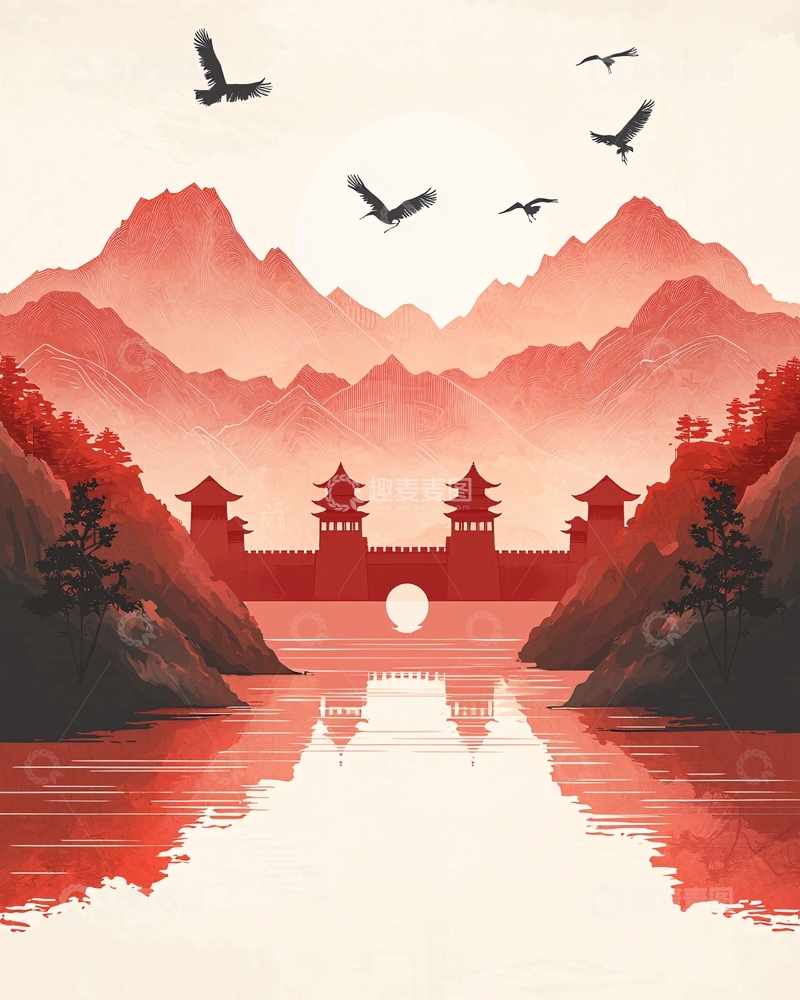 高清大图下载【趣麦麦图】红霞映照下的山川古城