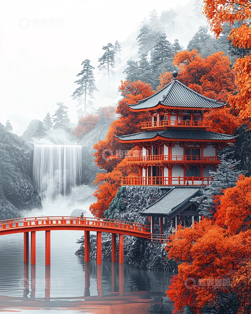 高清大图下载【趣麦麦图】红枫叶瀑布旁的日式建筑