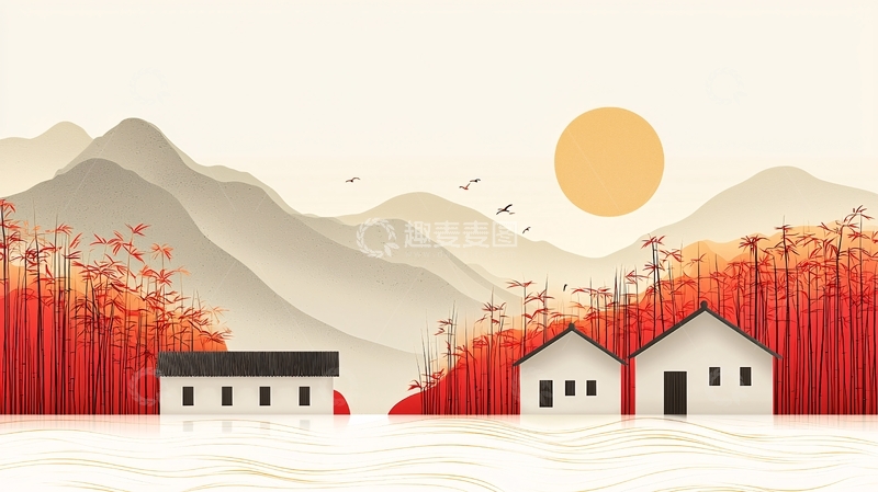 高清大图下载【趣麦麦图】红枫竹林山村日出