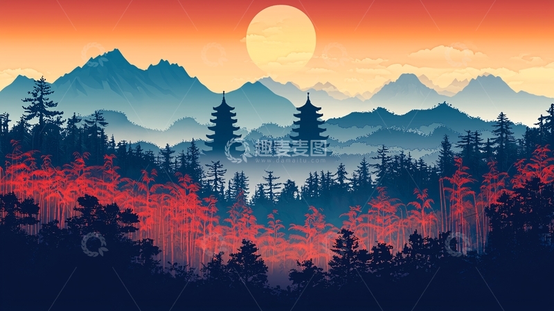 高清大图下载【趣麦麦图】日落山景寺庙剪影