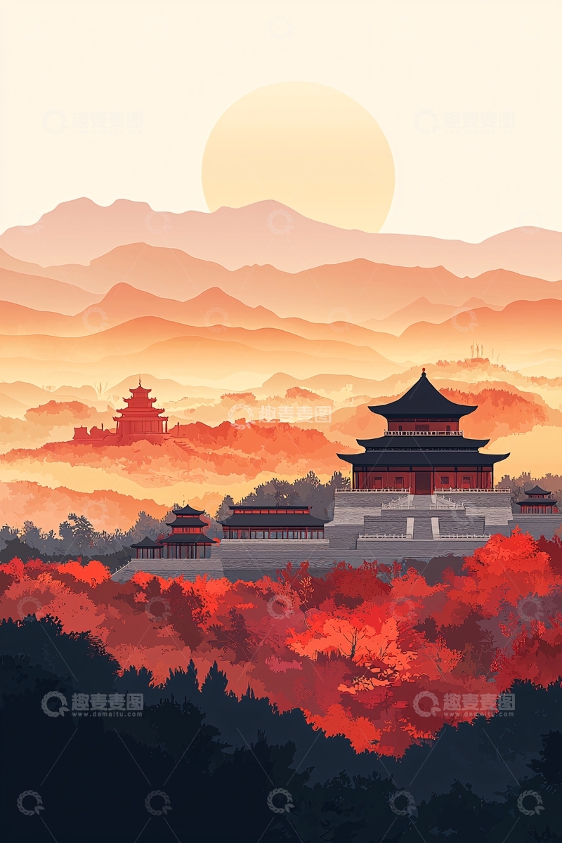 高清大图下载【趣麦麦图】日出山峦古建筑