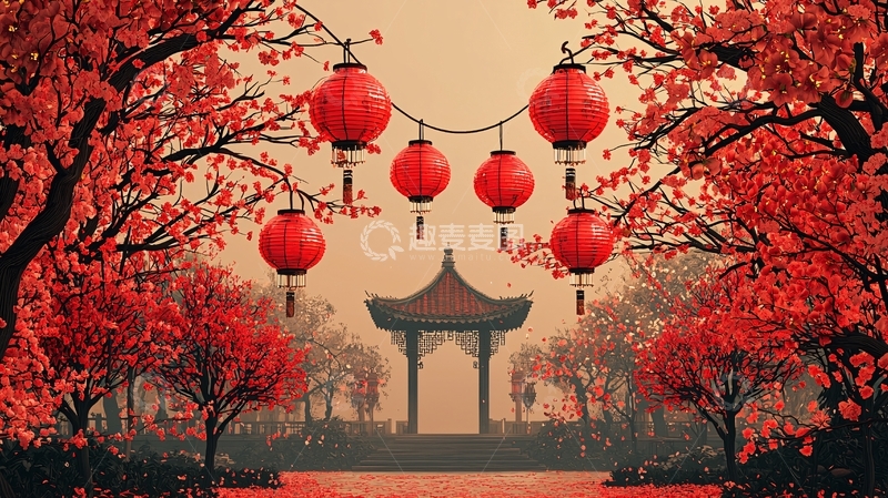 高清大图下载【趣麦麦图】红灯笼下的中式园林