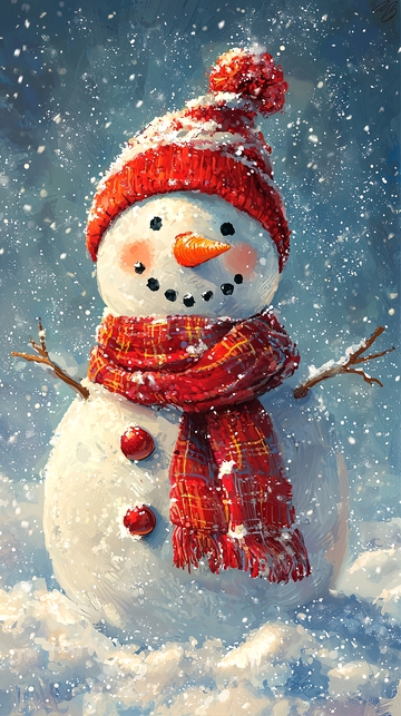 戴红帽围巾的可爱雪人