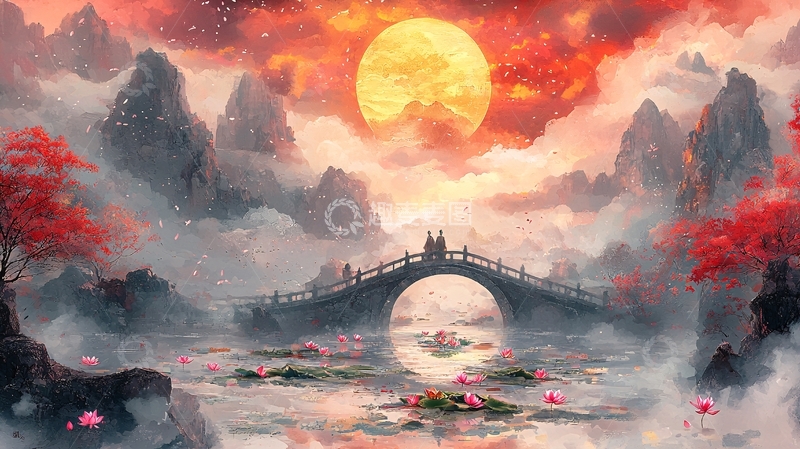高清大图下载【趣麦麦图】红日山川古桥仙境