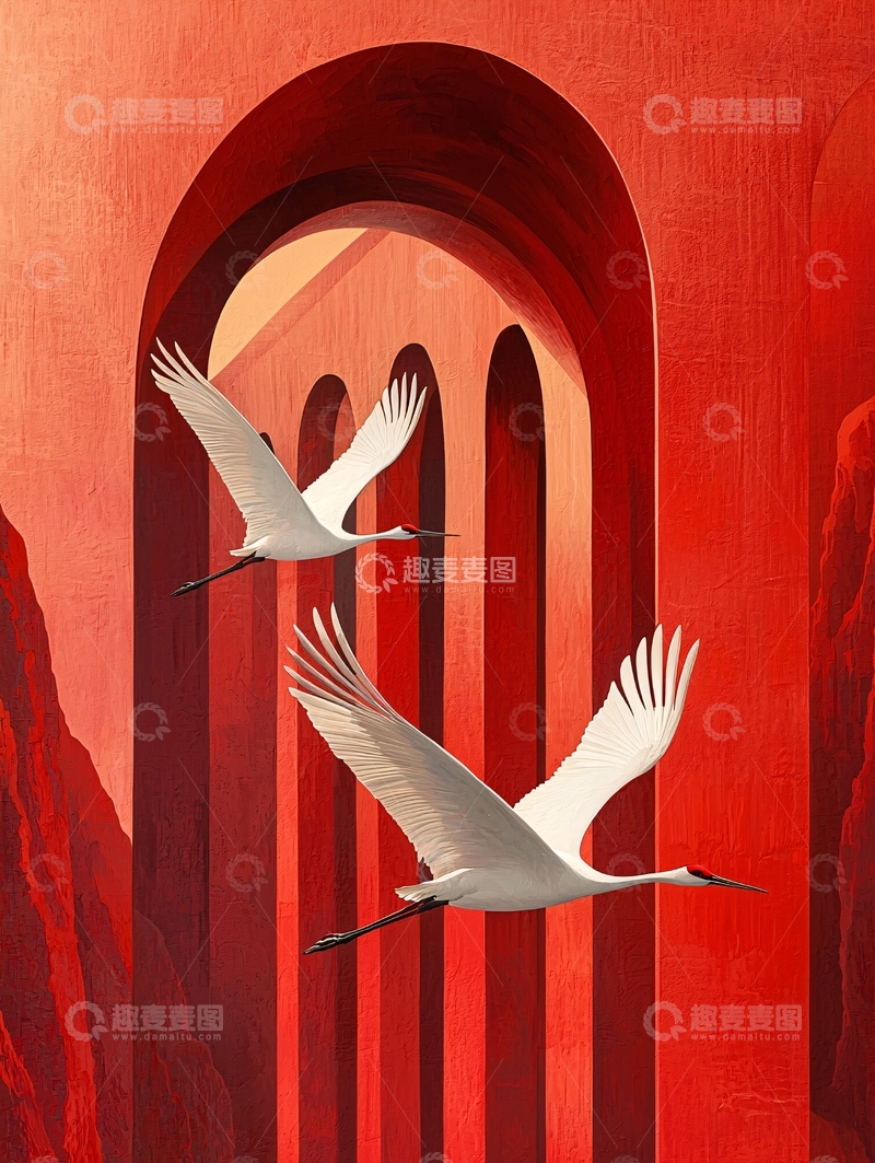 高清大图下载【趣麦麦图】红墙拱门飞鹤