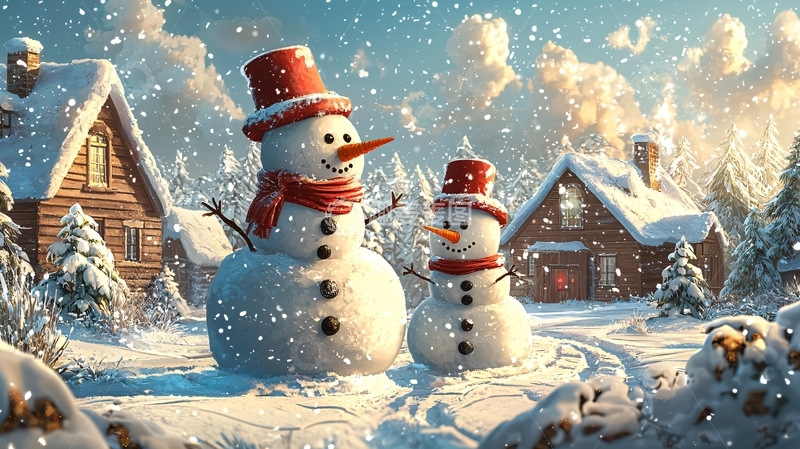 高清大图下载【趣麦麦图】雪地里两个可爱雪人