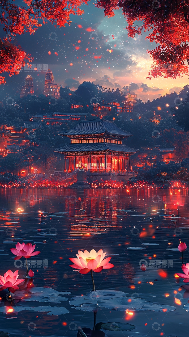 高清大图下载【趣麦麦图】红叶秋景古镇夜景