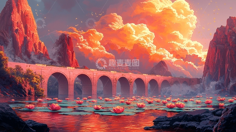 高清大图下载【趣麦麦图】日落下的拱桥与莲花湖
