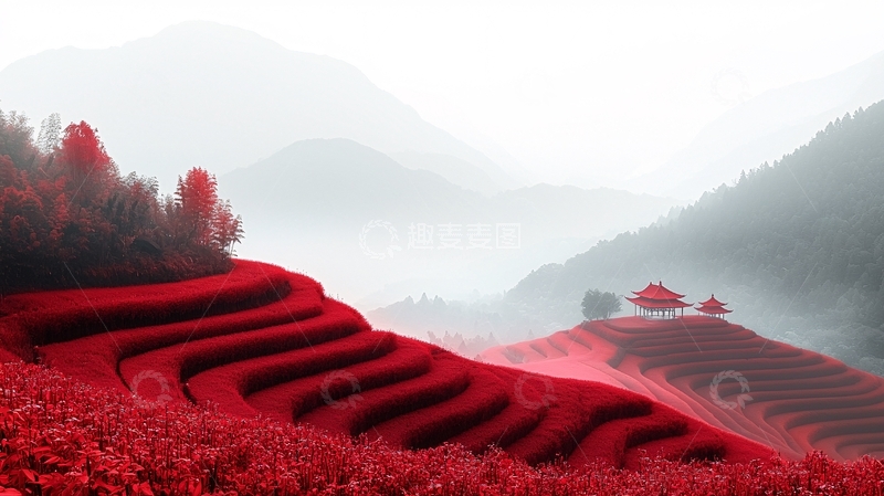 高清大图下载【趣麦麦图】红叶梯田