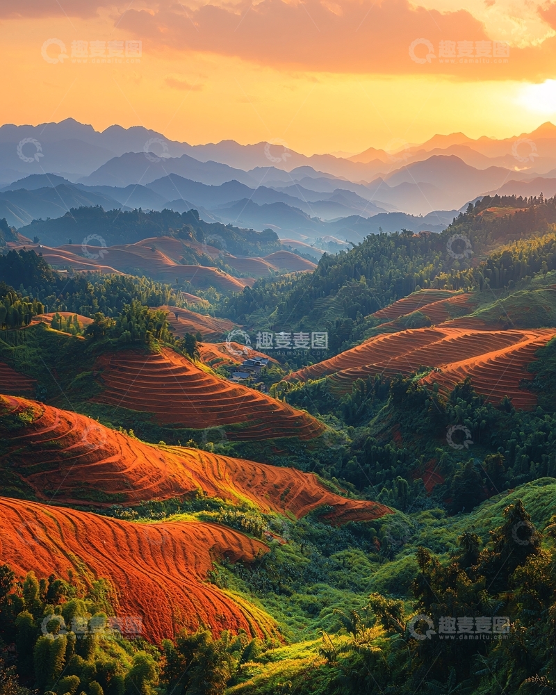 高清大图下载【趣麦麦图】日落下的梯田风光