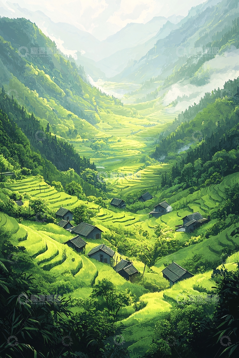 高清大图下载【趣麦麦图】山谷梯田村庄景色