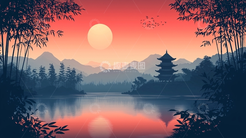 高清大图下载【趣麦麦图】日落湖畔的日本寺庙