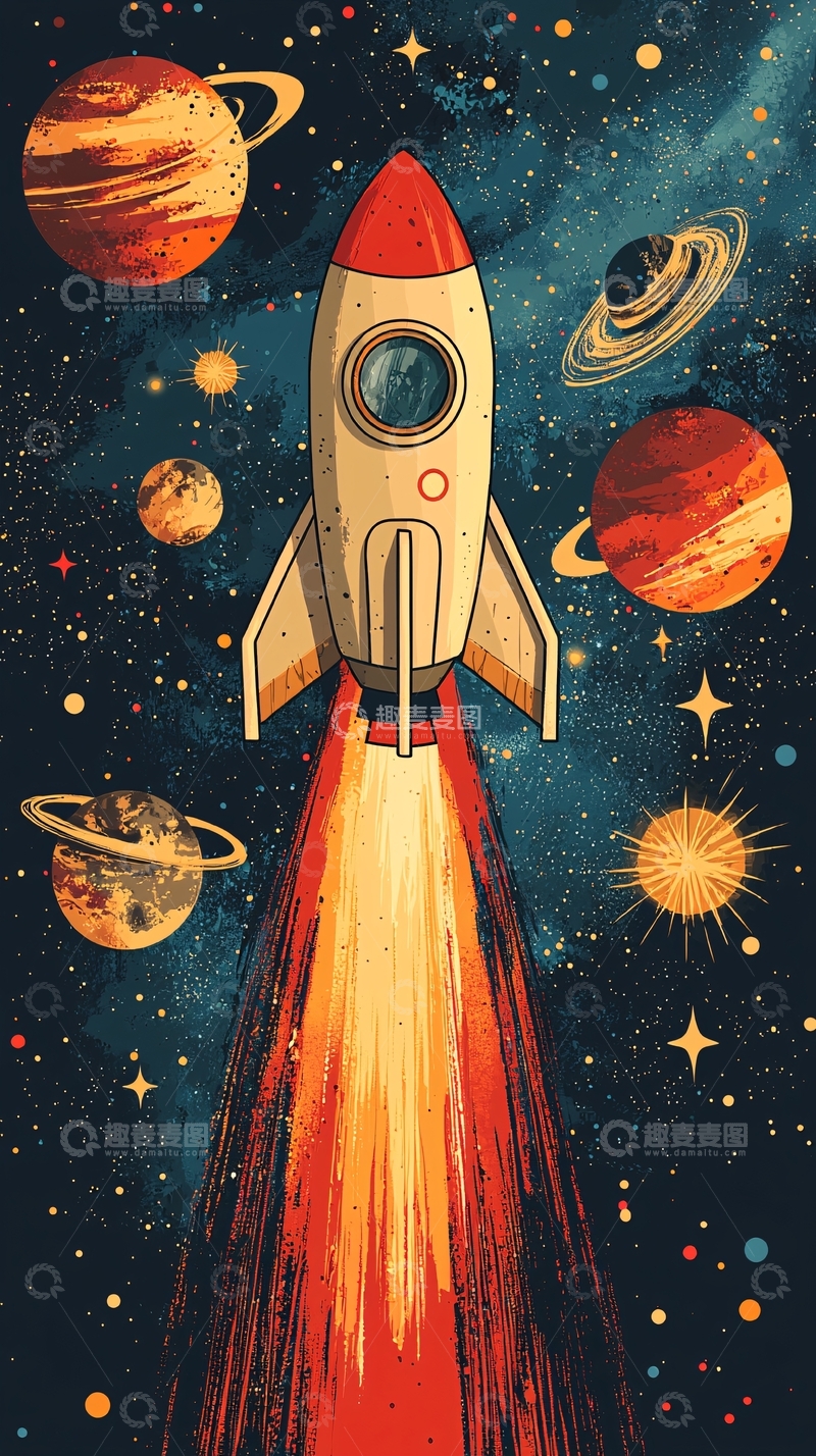 高清大图下载【趣麦麦图】复古火箭宇宙飞船