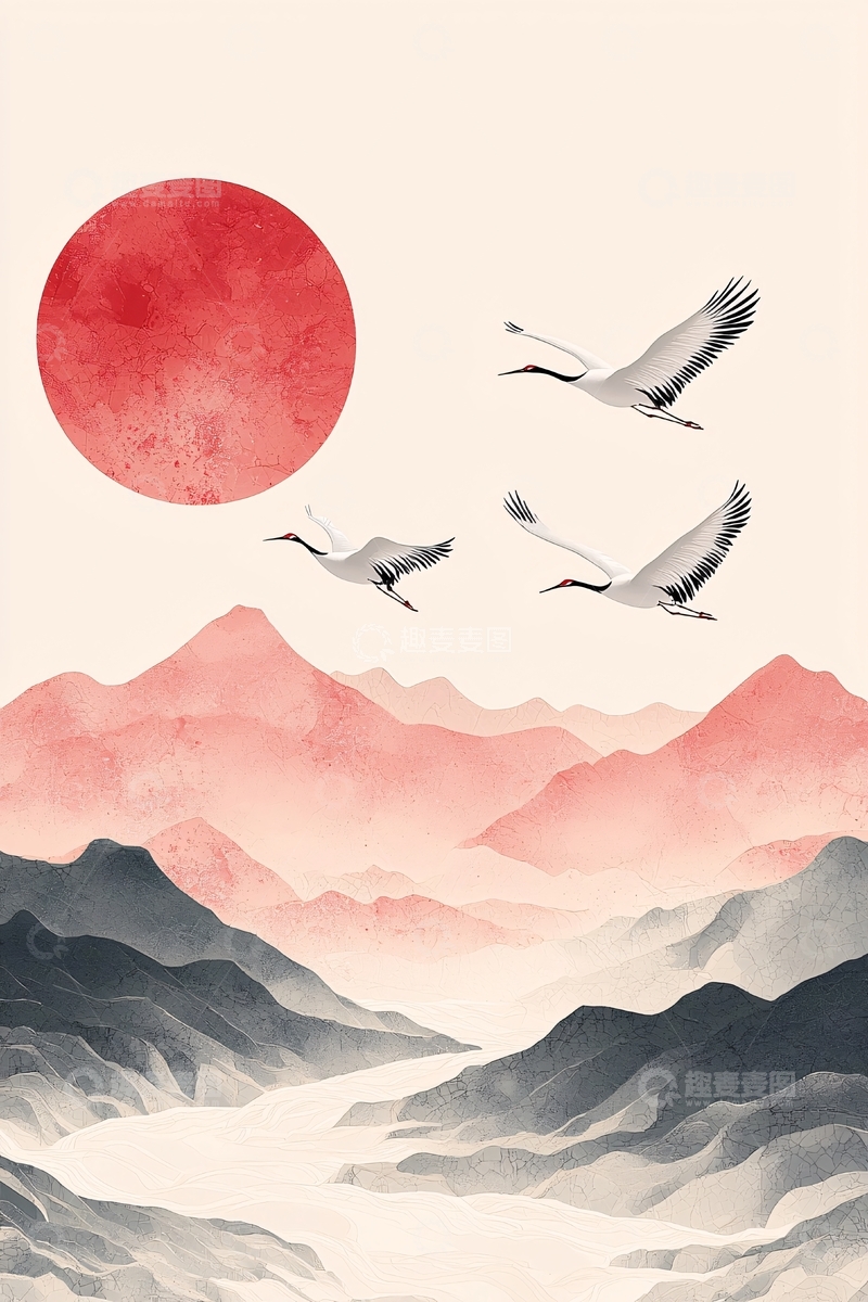 高清大图下载【趣麦麦图】红色太阳下的仙鹤山水