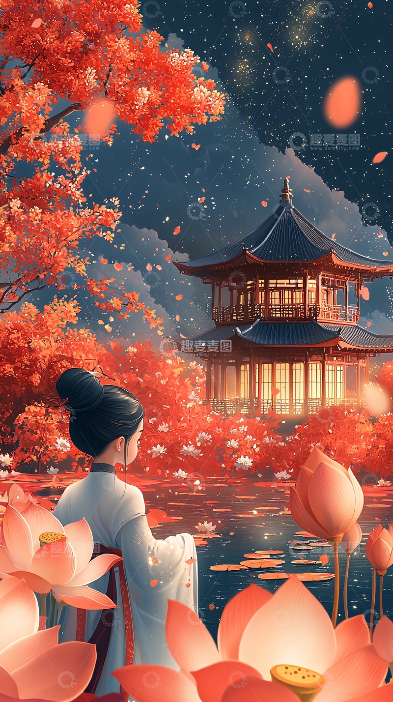 高清大图下载【趣麦麦图】红枫落叶古亭夜景
