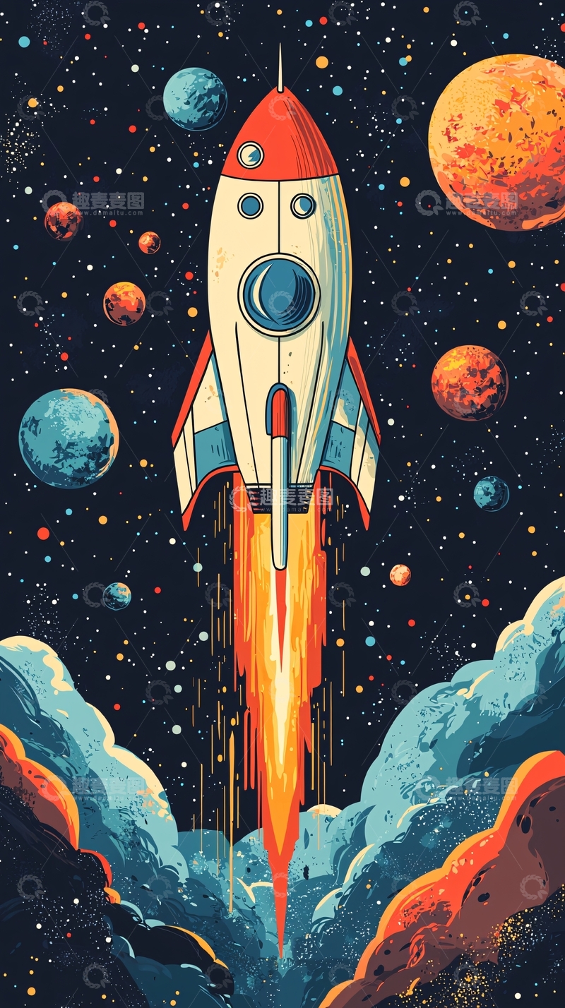 高清大图下载【趣麦麦图】复古火箭宇宙飞船