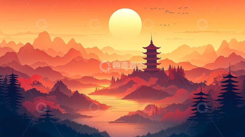 高清大图下载【趣麦麦图】日落山川古塔风景