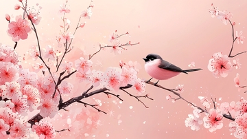 粉嫩樱花树枝上的小鸟