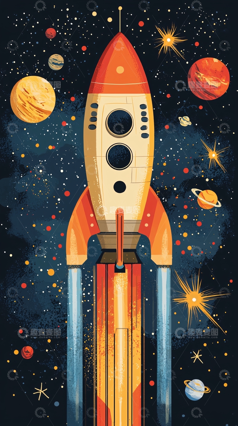 高清大图下载【趣麦麦图】复古火箭宇宙飞船
