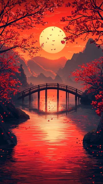 红枫桥流水日落