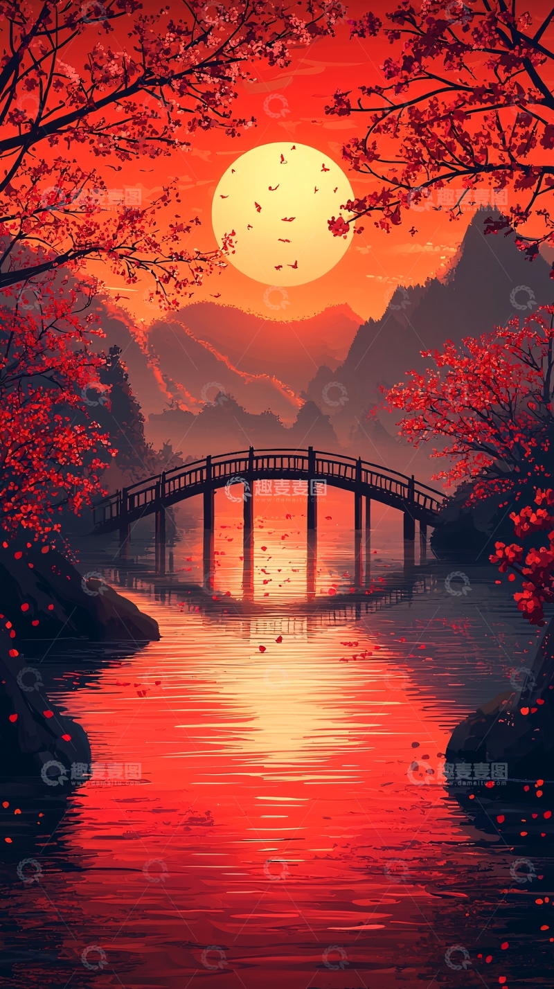 高清大图下载【趣麦麦图】红枫桥流水日落
