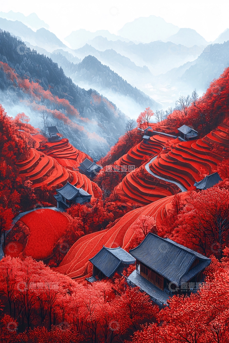 高清大图下载【趣麦麦图】红枫层层梯田