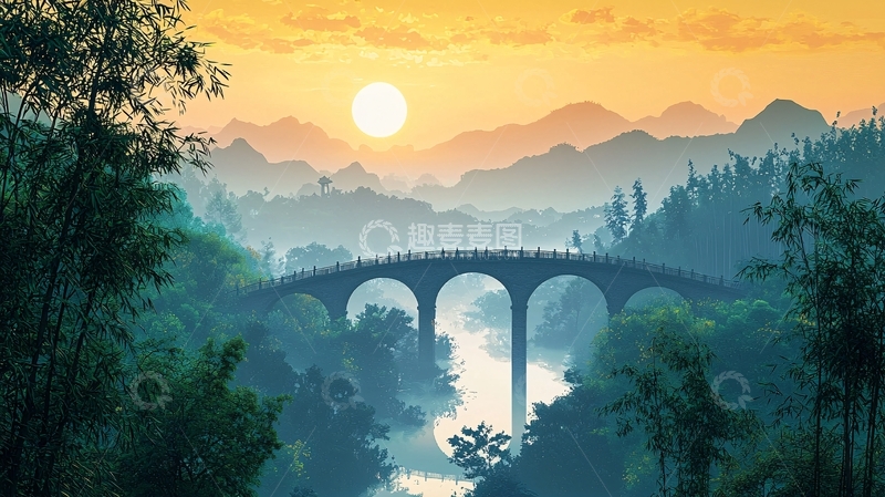 高清大图下载【趣麦麦图】清晨山水古桥