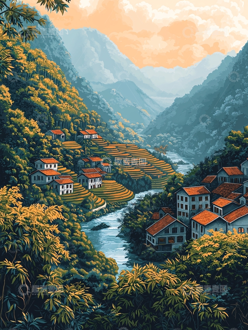 高清大图下载【趣麦麦图】山谷河流村庄景色