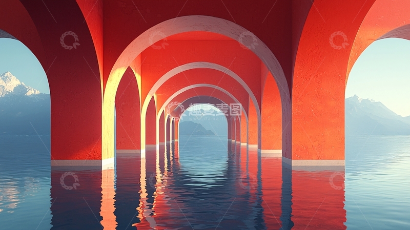 高清大图下载【趣麦麦图】红色拱门倒影水面