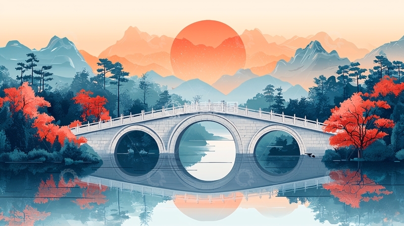 高清大图下载【趣麦麦图】宁静水面上的古桥夕阳