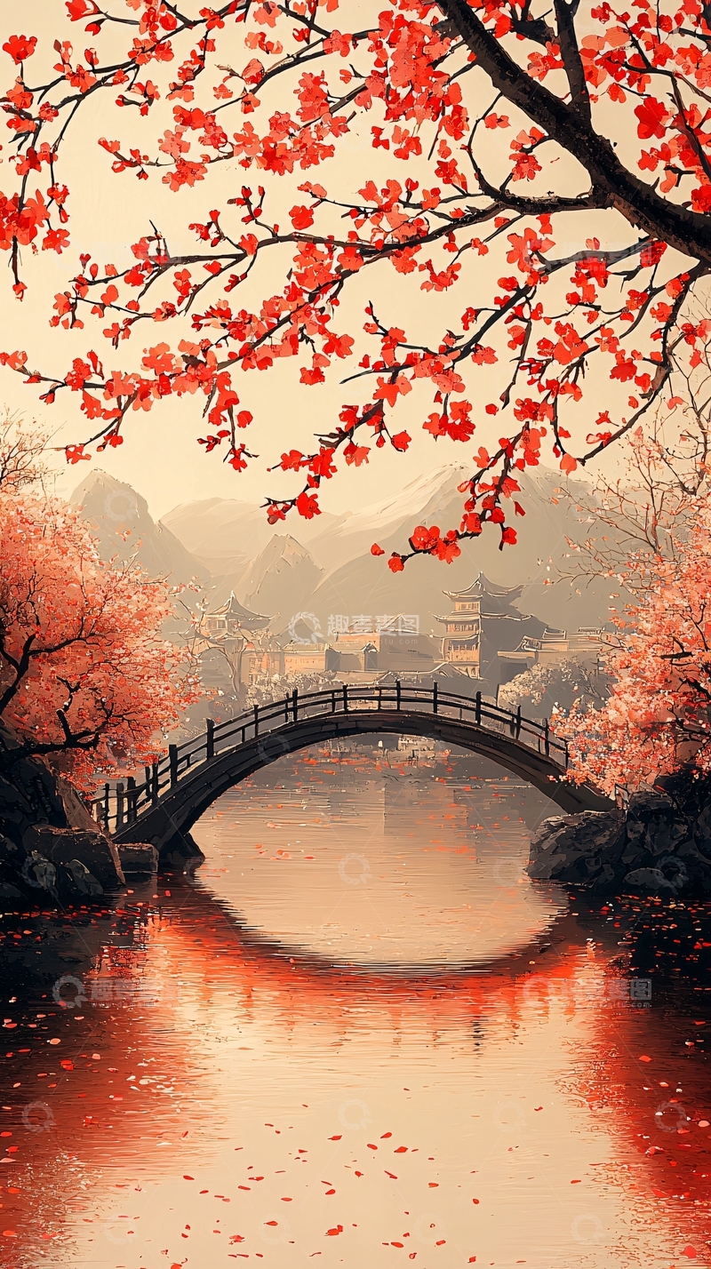 高清大图下载【趣麦麦图】红枫桥流水