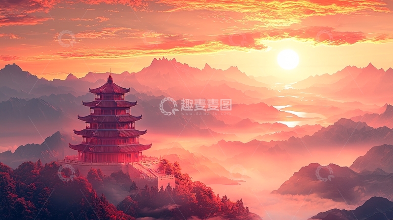 高清大图下载【趣麦麦图】夕阳下的古塔山景