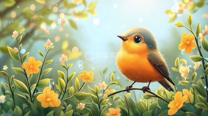 高清大图下载【趣麦麦图】可爱小鸟鲜花背景