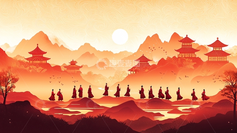 高清大图下载【趣麦麦图】日出山峦间僧侣队伍