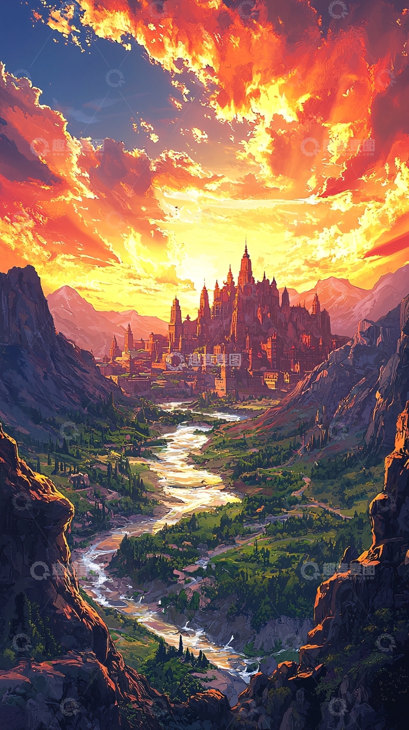高清大图下载【趣麦麦图】夕阳下的山谷城堡