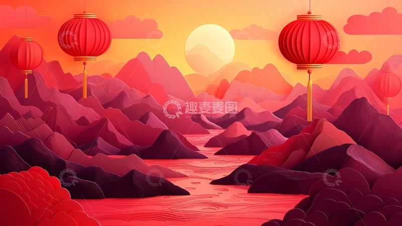 高清大图下载【趣麦麦图】红灯笼山川剪纸风格